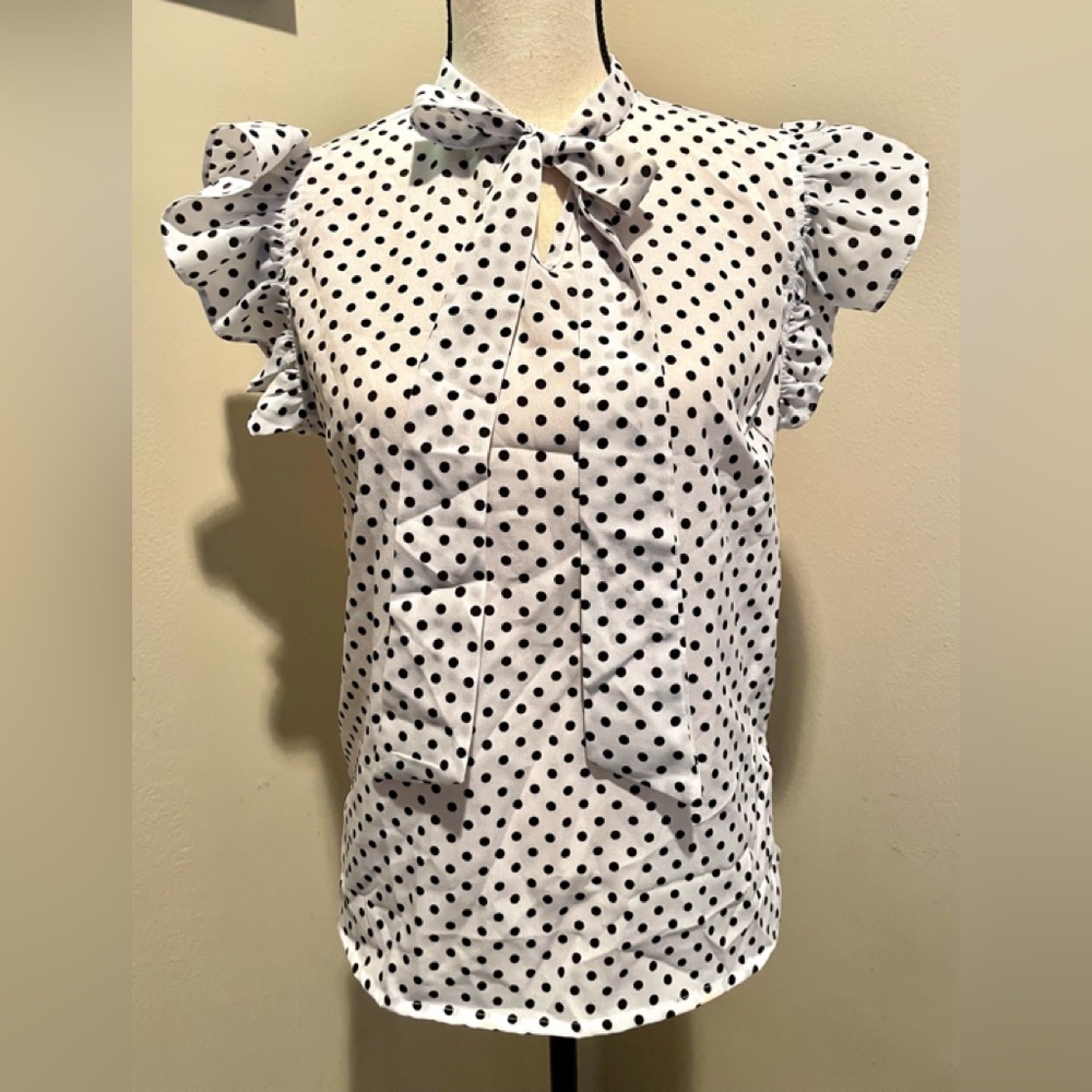 AUQCO POLKA DOTS BOW PULLOVER RUFFLED TRIM TOP/BLOUSE MEDIUM LIGHTWEIGHT